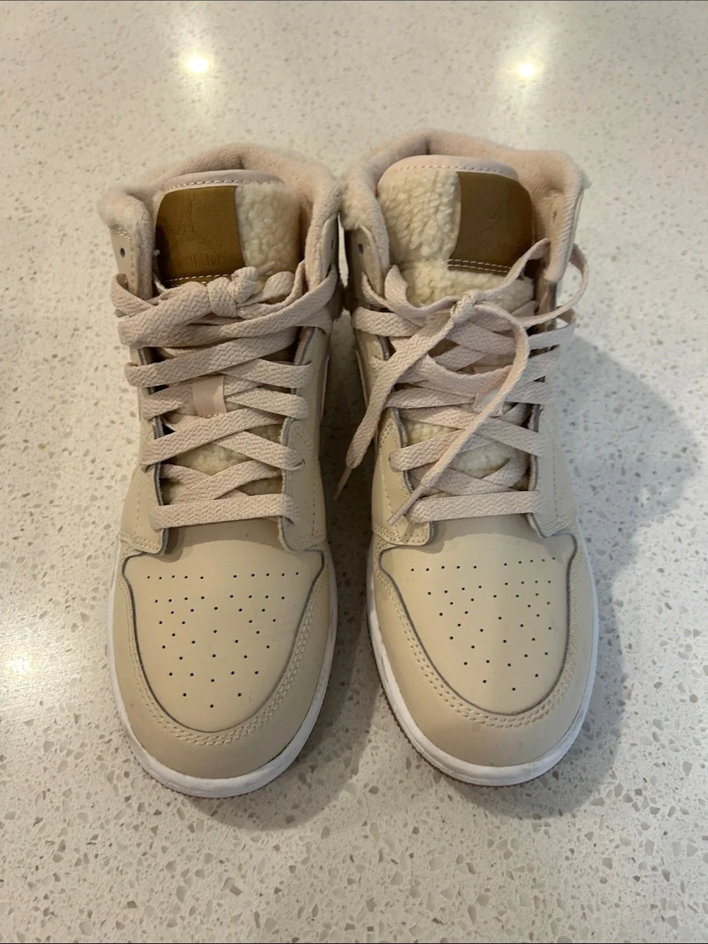 Jordan Women’s High-Top Sneakers in Light Beige with Shearling Collar